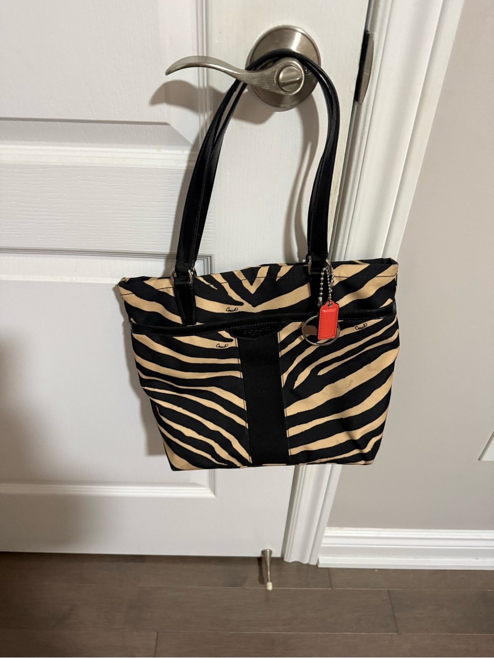 Coach Zebra Print Canvas Tote in Black and Tan and 2 charms